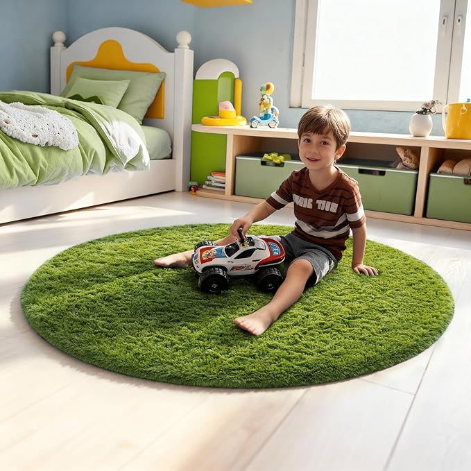 Ophanie Green Round Rug 4Ft Circle Area Rug, Fluffy Fuzzy Bedroom Carpet - Image 3