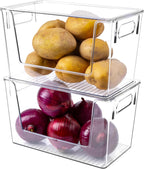 2 Pack Large Stackable Storage Bins, Plastic Container Organizer with Open Front, Pantry Organizers and Storage for Potato, Onion, Fruit and Vegetable, Clear Kitchen Laundry Organizer with Lid
