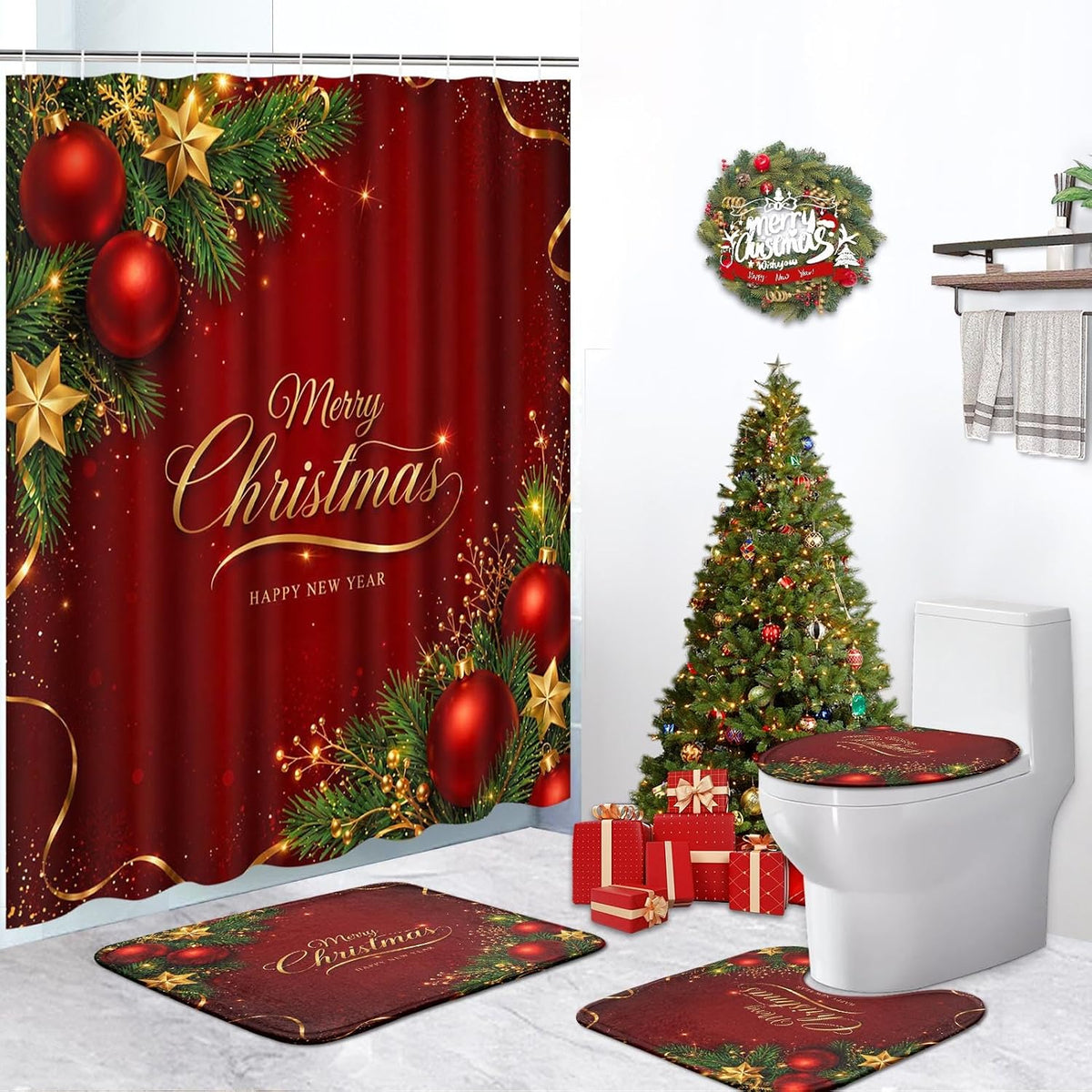 ArtSocket Christmas Bathroom Sets with Shower Curtain and Rugs, Red Gold
