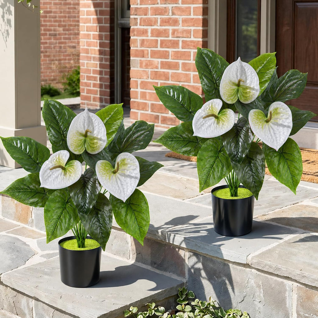 Anthurium Artificial Flowers with Pots, 2 Pack Fake Flowers Potted Faux Outdoor Plants, UV Resistant Realistic Faux Tropical Greenery for Planters Inside Porch Patio Yard (White, 21.6")