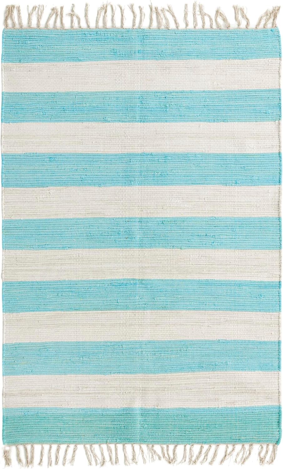 Unique Loom Chindi Rag Collection Area Rug - Striped (4' 1" x 6' 1" Rectangle, Turquoise and Ivory)