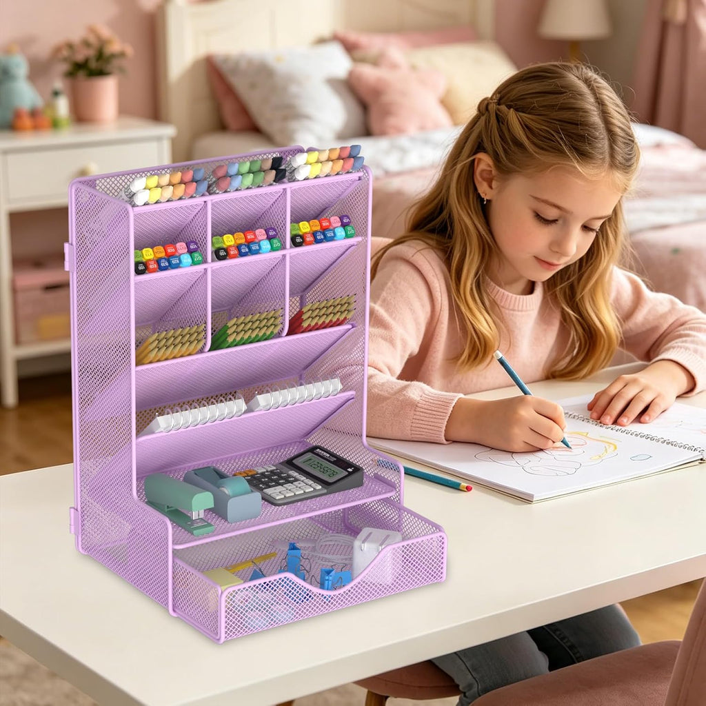 Pen Organizer for Desk, Multi-Functional Desk Organizer, Wall Mount Pen Holder with Drawer for School, Office, Home, Art Supplies, Purple