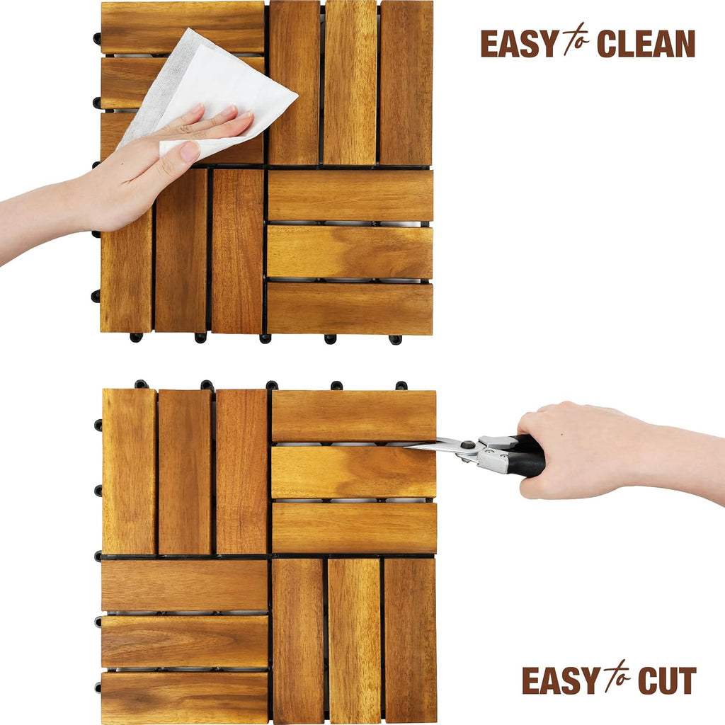 Acacia Wood Interlocking Deck Tiles, Patio & Backyard Tile, 12 in, 9 PCS