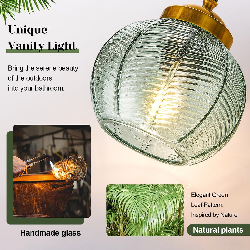 MOKATNG Bathroom Light Fixtures, 2-Light Green Vanity Lights with Unique Leaf Texture Glass Shade, Modern Matte Black and Gold Bathroom Wall Lamp for Mirror Hallway Cabinet Living Room