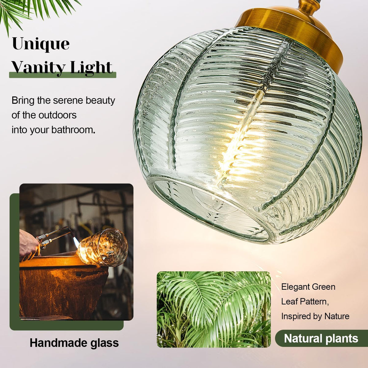 MOKATNG Bathroom Light Fixtures, 2-Light Green Vanity Lights with Unique Leaf Texture Glass Shade, Modern Matte Black and Gold Bathroom Wall Lamp for Mirror Hallway Cabinet Living Room