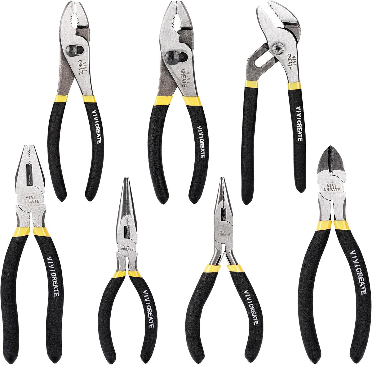Vivicreate 7 Piece Pliers Set Heavy Duty Hand Tool Set with 8 Inch Groove Joint 8 Inch and 6 Inch Slip Joint 7 Inch Linesman 6 Inch Diagonal and Long Nose Pliers for Home Garage DIY Repair