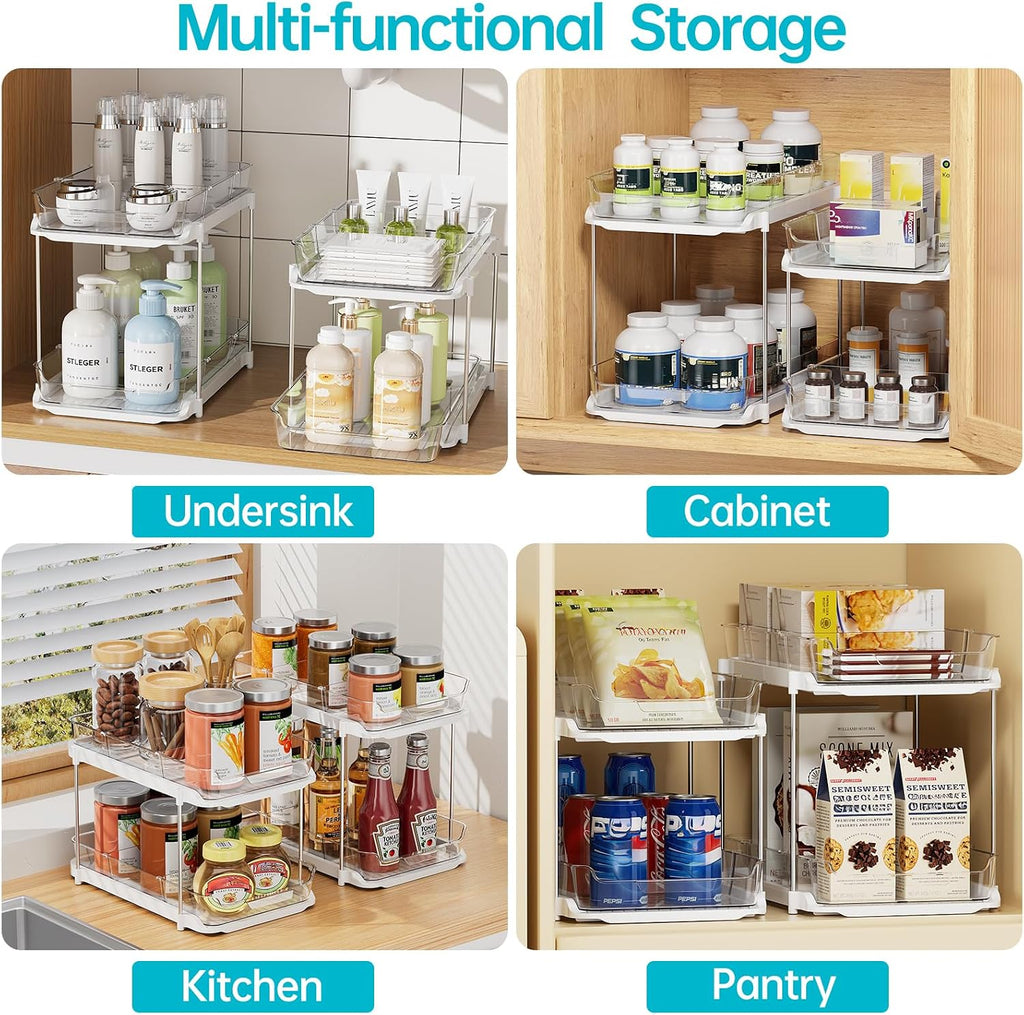 Delamu 4 Pack 2-Tier Bathroom Under Sink Organizers and Storage, Multi-Purpose Stackable Pantry Organization and Storage, Pull Out Clear Kitchen Bathroom Cabinet Organizer with Movable Dividers, White