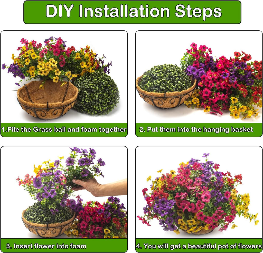 Grunyia Artificial Hanging Flowers Basket with Colorful Silk Daisies & Eucalyptus - UV/Sun-Resistant Plant for Outdoor Porch, Patio, Balcony - Indoor/Outdoor Home Decor