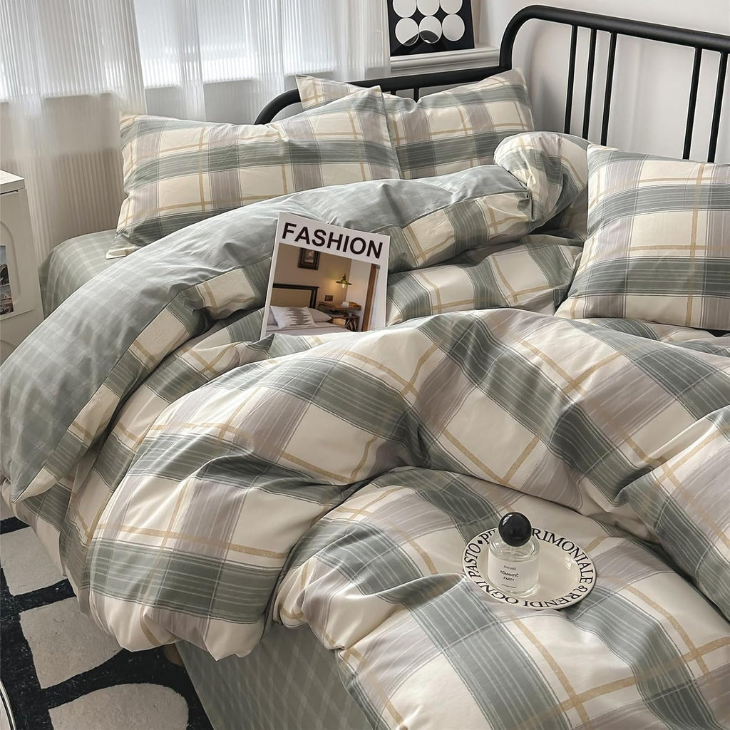 mixinni Full Comforter Set Green Geometric Checkered Plaid Bedding Comforter Set Men Boys Modern Style All Season Soft Fluffy Lightweight Bedding Set-Full Size