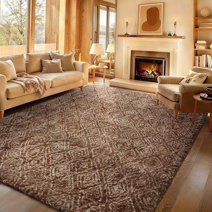 Ophanie Brown and White Diamond Striped Rugs by Ophanie