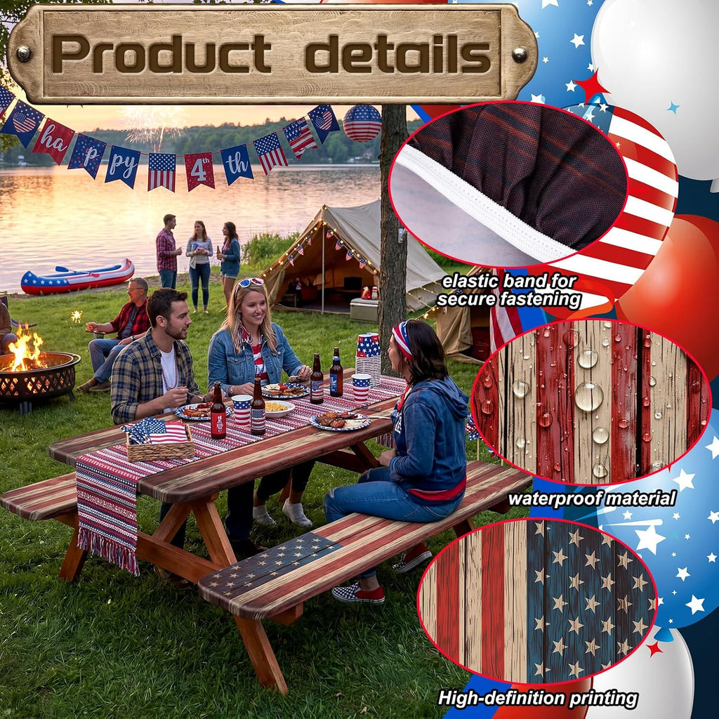 Chumia 3 Pcs American Flag Theme Picnic Table Cover with Bench Covers