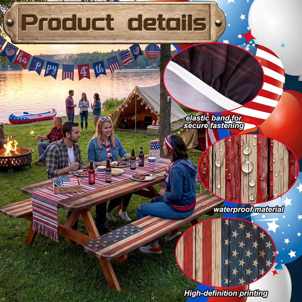 Chumia 3 Pcs American Flag Theme Picnic Table Cover with Bench Covers