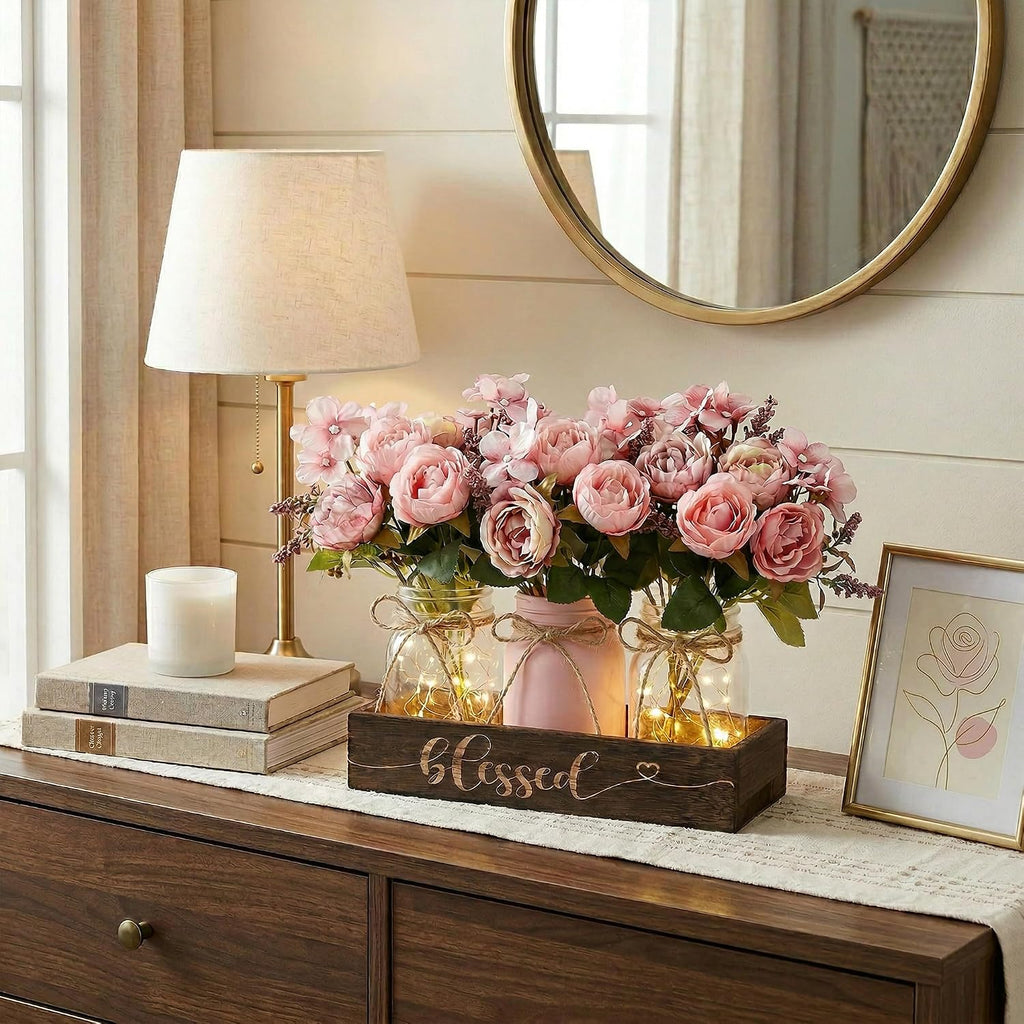 3 Pcs Mason Jar Table Centerpieces for Dining Room with Wood Tray&Led Light