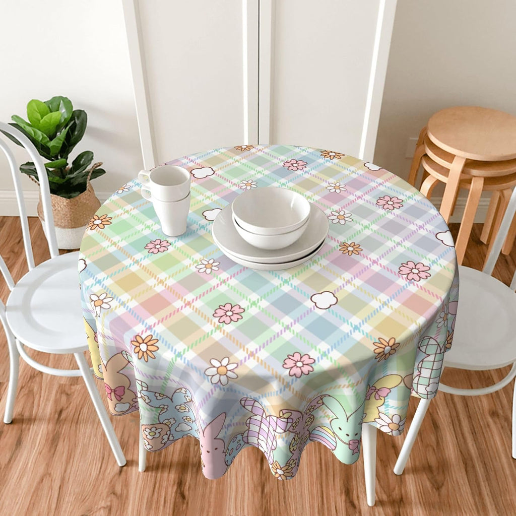 Easter Tablecloth Round 60 Inch - Buffalo Plaid with Rabbits & Eggs Design Waterproof Wipeable Table Cover for Kitchen Dining Holiday Parties Home Restaurant
