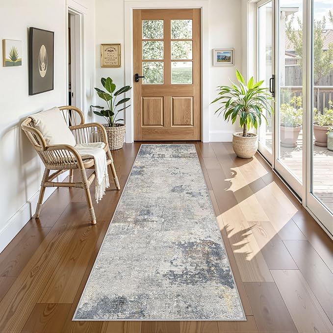 2X8 Washable Runner Rug for Hallway: Soft Neutral Modern Abstract Area Rug by UERMEI
