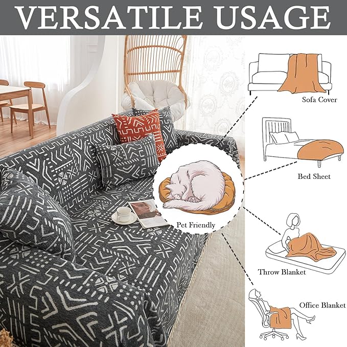 HANDONTIME Black White Boho Sofa Cover Geometric Farmhouse Tassel Couch Covers - Image 6