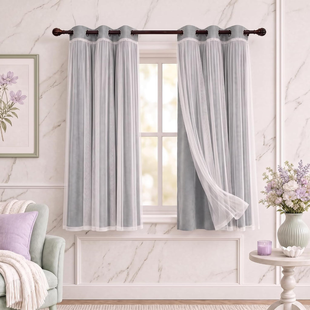 INLINAS Blackout Curtains with Sheer Overlay, Light Grey, 37x72 Inches