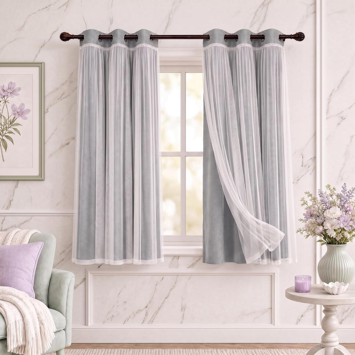 INLINAS Blackout Curtains with Sheer Overlay, Light Grey, 37x72 Inches