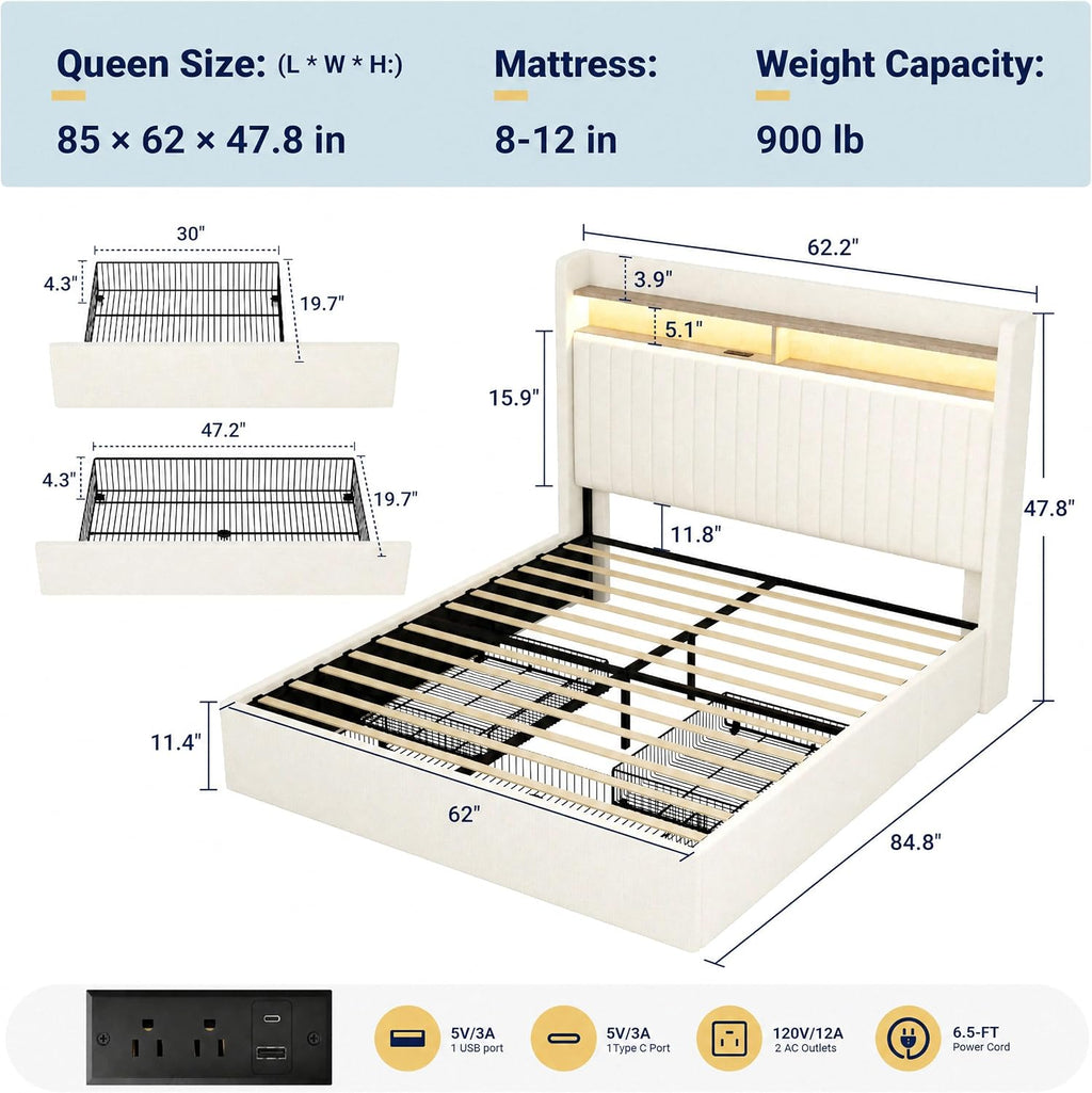 SHA CERLIN Queen Upholstered Platform Bed Frame with 3 Spacious Storage Drawers, Built-in LED Lights & Charging Station, Vertical Tufted Headboard with Shelf, No Box Spring Needed, Chenille White