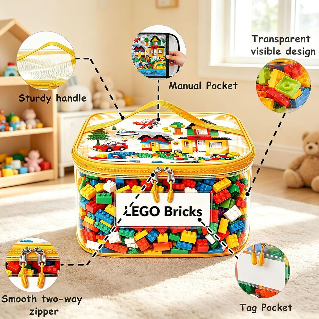 6 Pack Large Clear Toy Storage Bag with Name Tag, Waterproof PVC Toy Organizer Bags with Zipper & Manual Pocket, Toy Storage Organizer for Lego Bricks, Building Blocks, Board Games, Kid Book (6 Color)