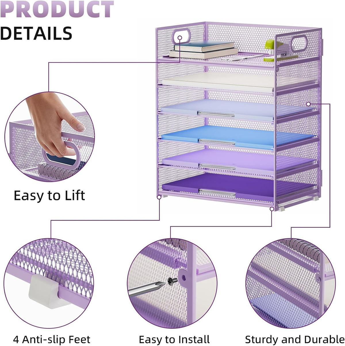 Marbrasse 2 Pack Desk Organizer with Handle, 6 Tier Paper Letter Tray, Mesh Desk File Organizer for Office, School and Home - Purple