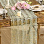 Artoid Mode 10PCS Blue Gold Gauze Table Runner 120 Inch 10FT, Glitter Metallic Foil Sheer Dining Wedding Anniversary Holiday Table Decor for Home Party