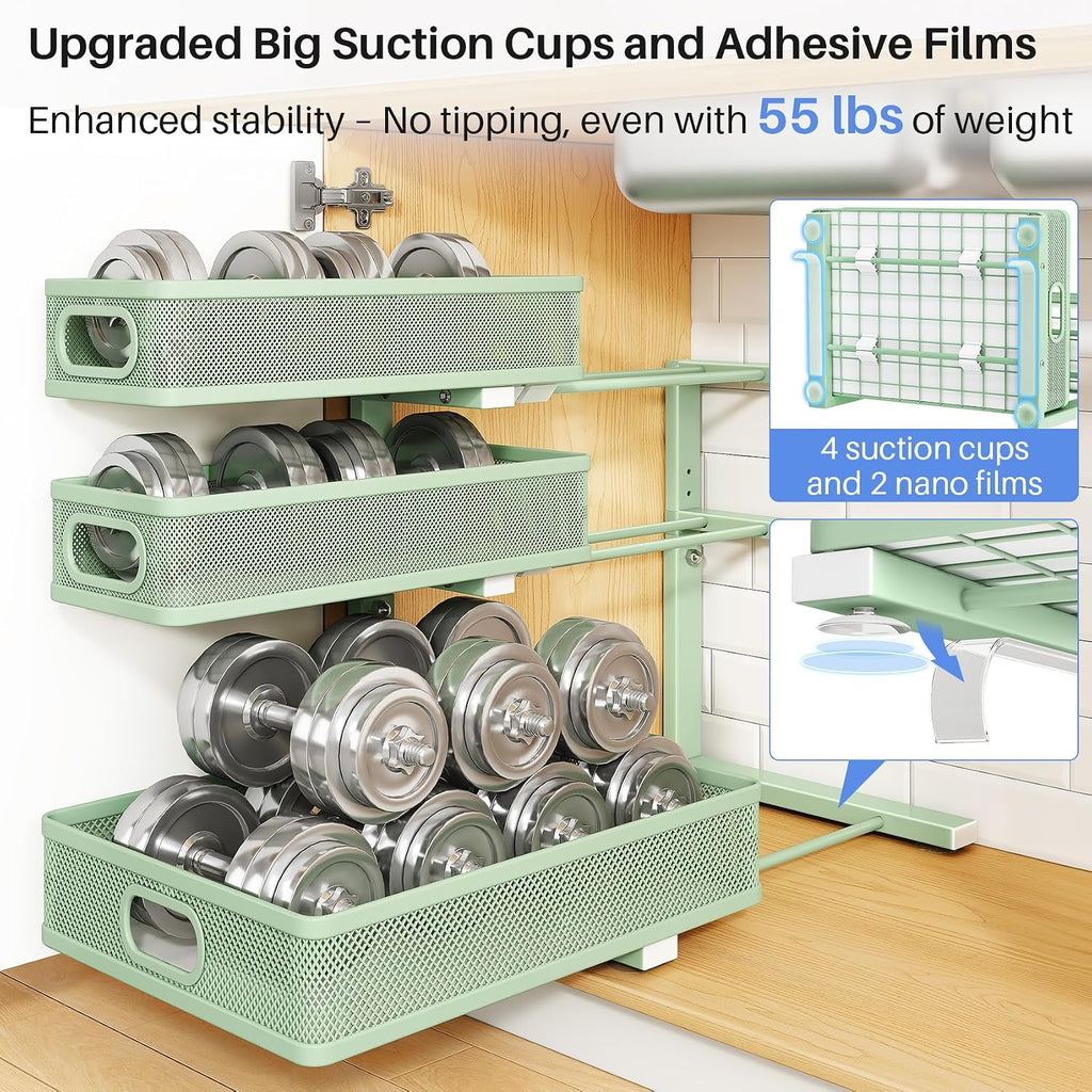 Under Sink Organizer, 3-Tier Thickened Metal Pull out Cabinet Organizer Shelf, Height Adjustable Slide out Storage Drawer Rack for Kitchen Bathroom Pantry Laundry Home Organization, 2-Pack, Green