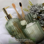 Designer Green Glass Bathroom Accessories Sets - 4 Pcs with Lotion Soap Dispenser, Bathroom Toothbrush Holder, Vanity Tray, and Apothecary Jar, Vintage Bathroom Decor