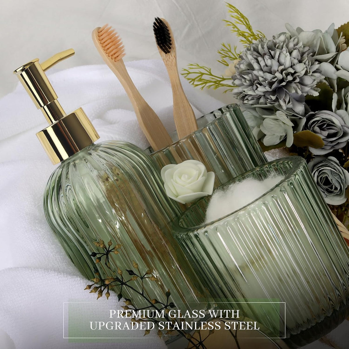 Designer Green Glass Bathroom Accessories Sets - 4 Pcs with Lotion Soap Dispenser, Bathroom Toothbrush Holder, Vanity Tray, and Apothecary Jar, Vintage Bathroom Decor