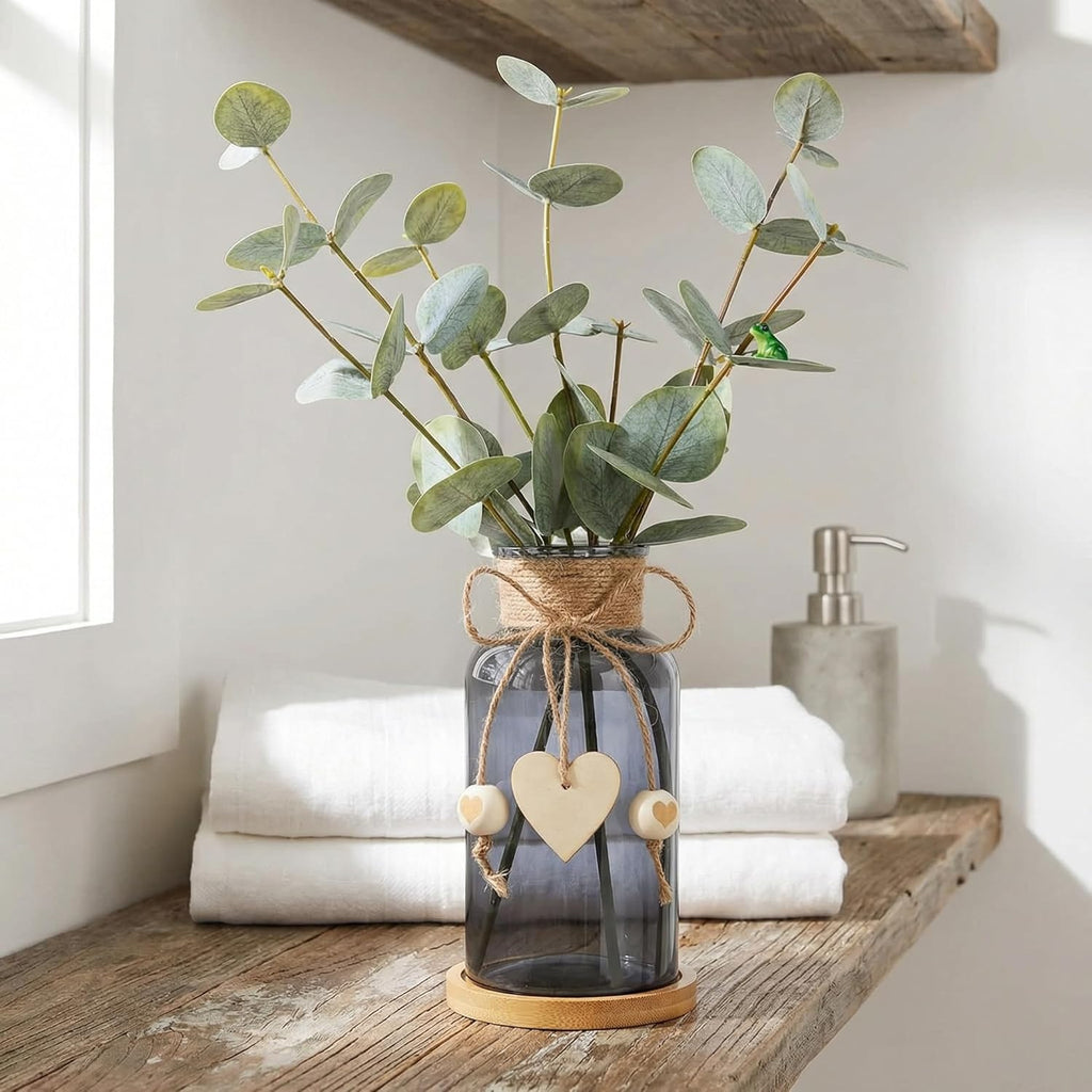 Artificial Eucalyptus Greenery Stems in Glass Vase,15" Doule Side 3D Fake Plants Eucalyptus Leaves faux Greenery for Centerpiece Table Decorations Home Room Decor office Desk Green Decor (Black)