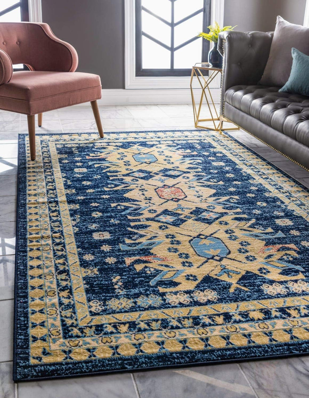 Unique Loom Taftan Collection Border Geometric Tribal Inspired Design Area Rug (4' 0 x 6' 0 Rectangular, Navy Blue/ Gold)