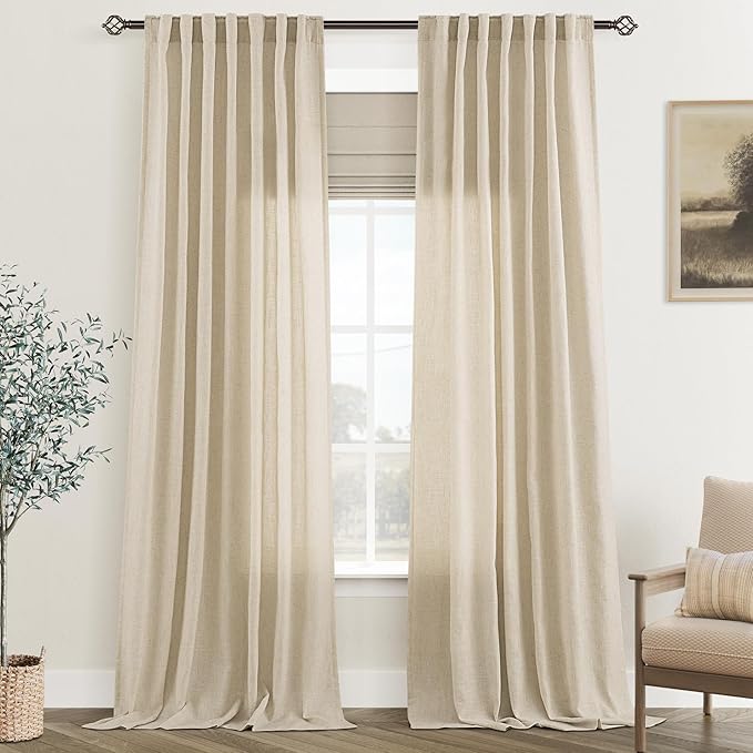 Greyish Beige Linen Curtain 84 inch Length 2 Panels Set Back Tab Light by Jolilight