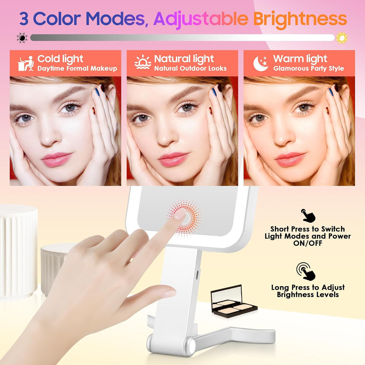 GOMIPURU Magnifying Travel Mirror with Light, 30X/1X Double-Sided Magnifying Mirror with 3 Color Lights, Brightness Adjustable, Foldable Handheld Makeup Mirrors Portable for Travel and Desktop, Sliver