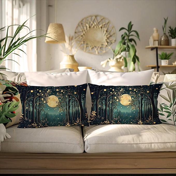 Rustic William Morris Inspired Night Moon Forest Decor Pillow Covers 18x18 Set - Image 4