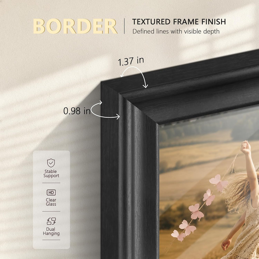 PEALSN 8x10 Picture Frame, Real Glass, Wall & Tabletop Display, Black