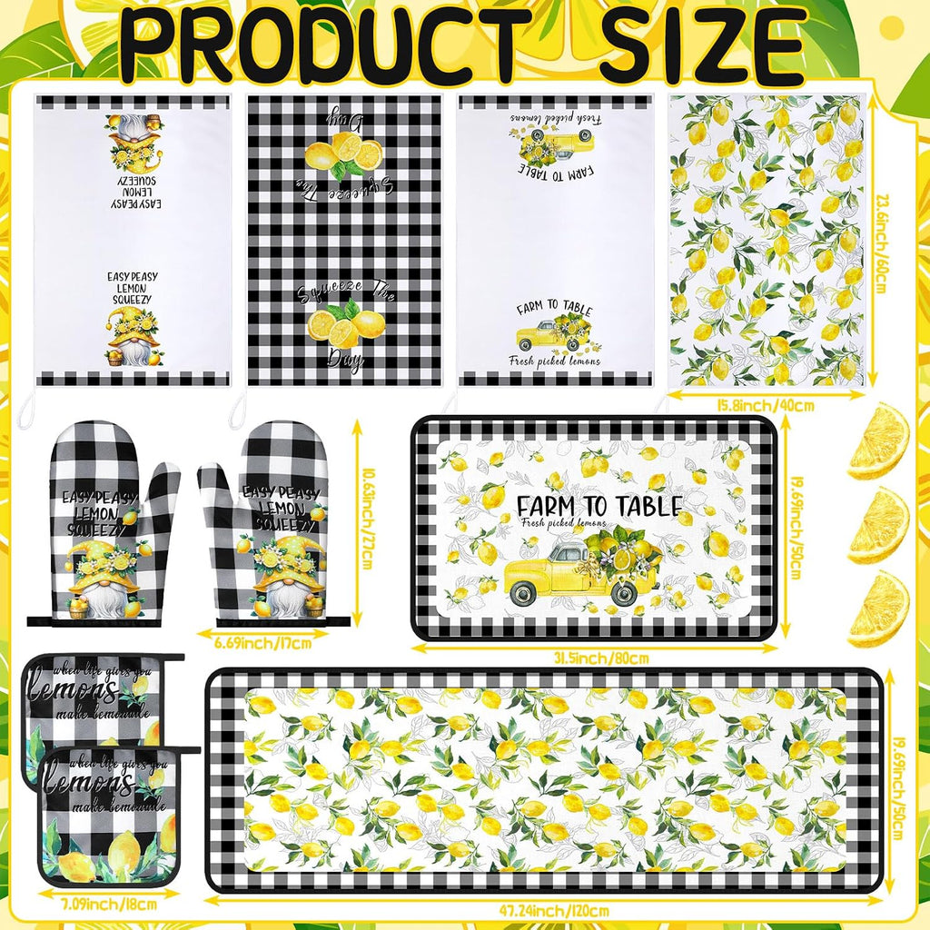 Fourluoo 10 Pcs Lemon Kitchen Decor Set Black Plaid Yellow Lemon