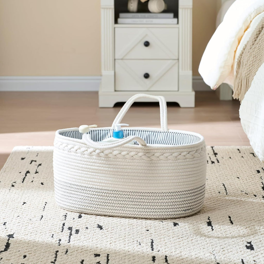 Diaper Caddy Organizer, Large Cotton Rope Nursery Baby Basket, Changing Table Organizer for Baby Diaper Storage, Portable Car Organizer Removable Divider (Off White, Extra Large)