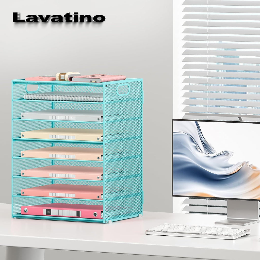 2 Pack 8-Tier Office Desk File Organizer, Letter Tray Paper Organizer with Handle, Including 5 Adjustable Slide Trays for Organizing Desk Workspace Accessories and Supplies (Blue Metal Mesh)