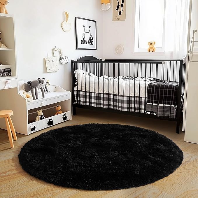 4'x4' Black Round Rug for Bedroom, Ultra Soft Fluffy Circle Rug for Kids Girls - Image 2