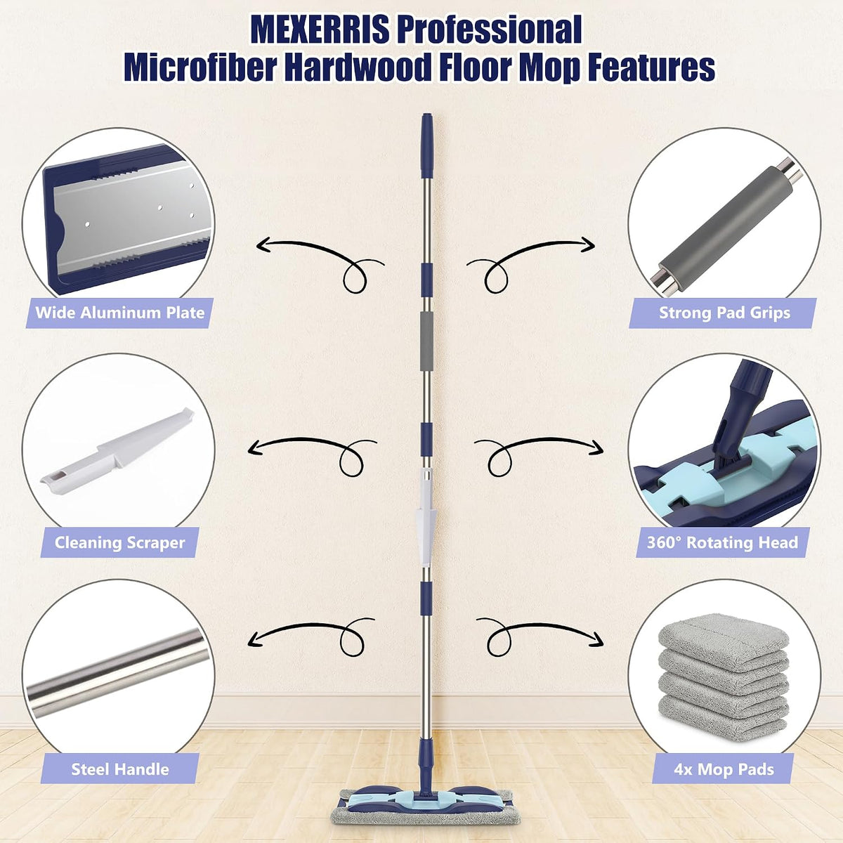 Microfiber Mops for Floor Cleaning: Flat Hardwood Floor Mop 4 Washable Pads