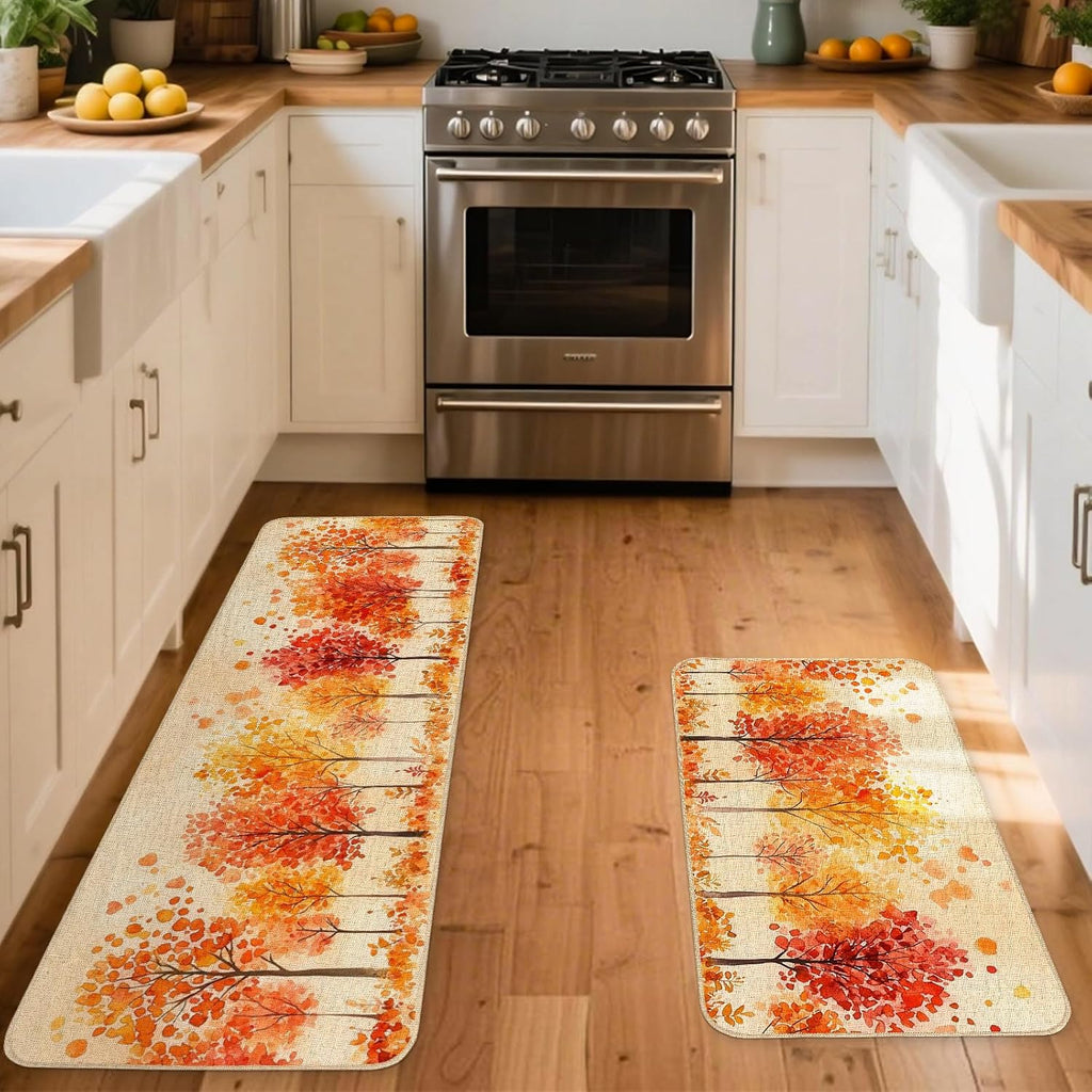 Watercolor Fall Maple Trees Kitchen Rugs Set of 2, 17x29 and 17x47 Inch