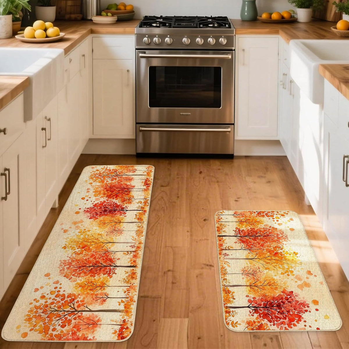 Watercolor Fall Maple Trees Kitchen Rugs Set of 2, 17x29 and 17x47 Inch