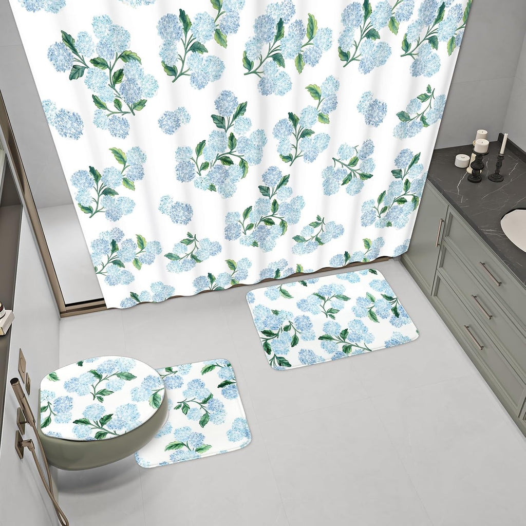 FYSUIMU 4Pcs Blue Hydrangea Bathroom Set Spring Floral Non-Slip Bath Mat U-Shaped Toilet Rug Toilet Lid Cover Shower Curtain with Hooks for Home Hotel Accessories Decoration