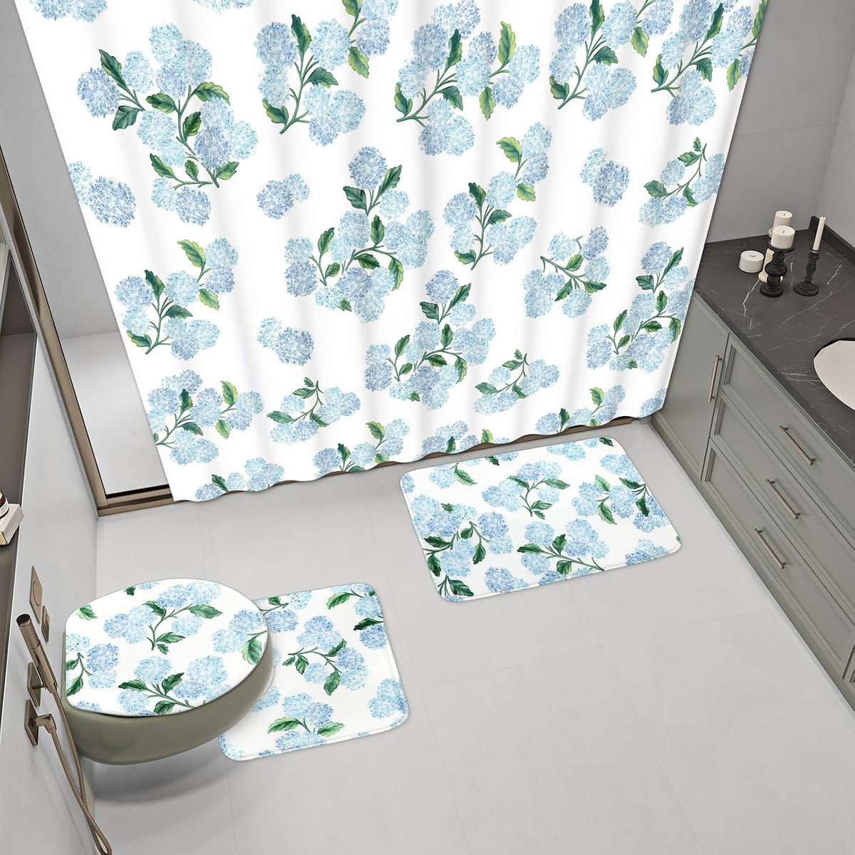 FYSUIMU 4Pcs Blue Hydrangea Bathroom Set Spring Floral Non-Slip Bath Mat U-Shaped Toilet Rug Toilet Lid Cover Shower Curtain with Hooks for Home Hotel Accessories Decoration