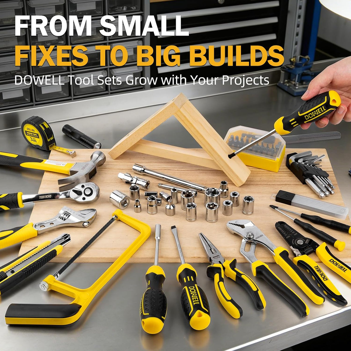 DOWELL 299-Piece Professional Hand Tool Set, Ultimate Drawer Toolbox with Sockets, Pliers, Hex Keys, Screwdrivers for Home, Auto Repair, Workshop & Emergency DIY