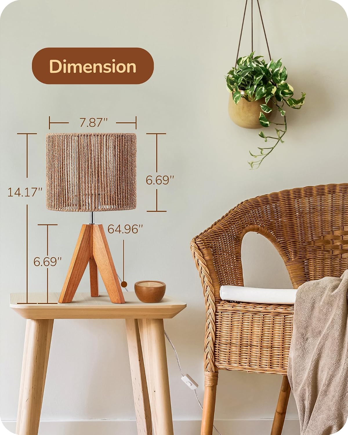 EDISHINE Small Rattan Table Lamp, Wood Tripod Bedside Lamp, 14.2", E26 Base