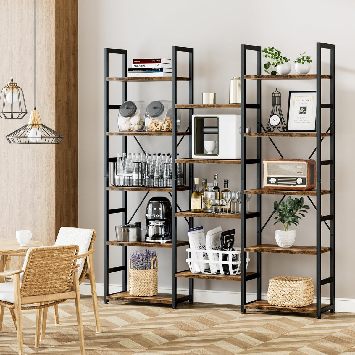NUMENN Triple Column 5 Tier Bookshelf with 14 Adjustable Shelves, Vintage