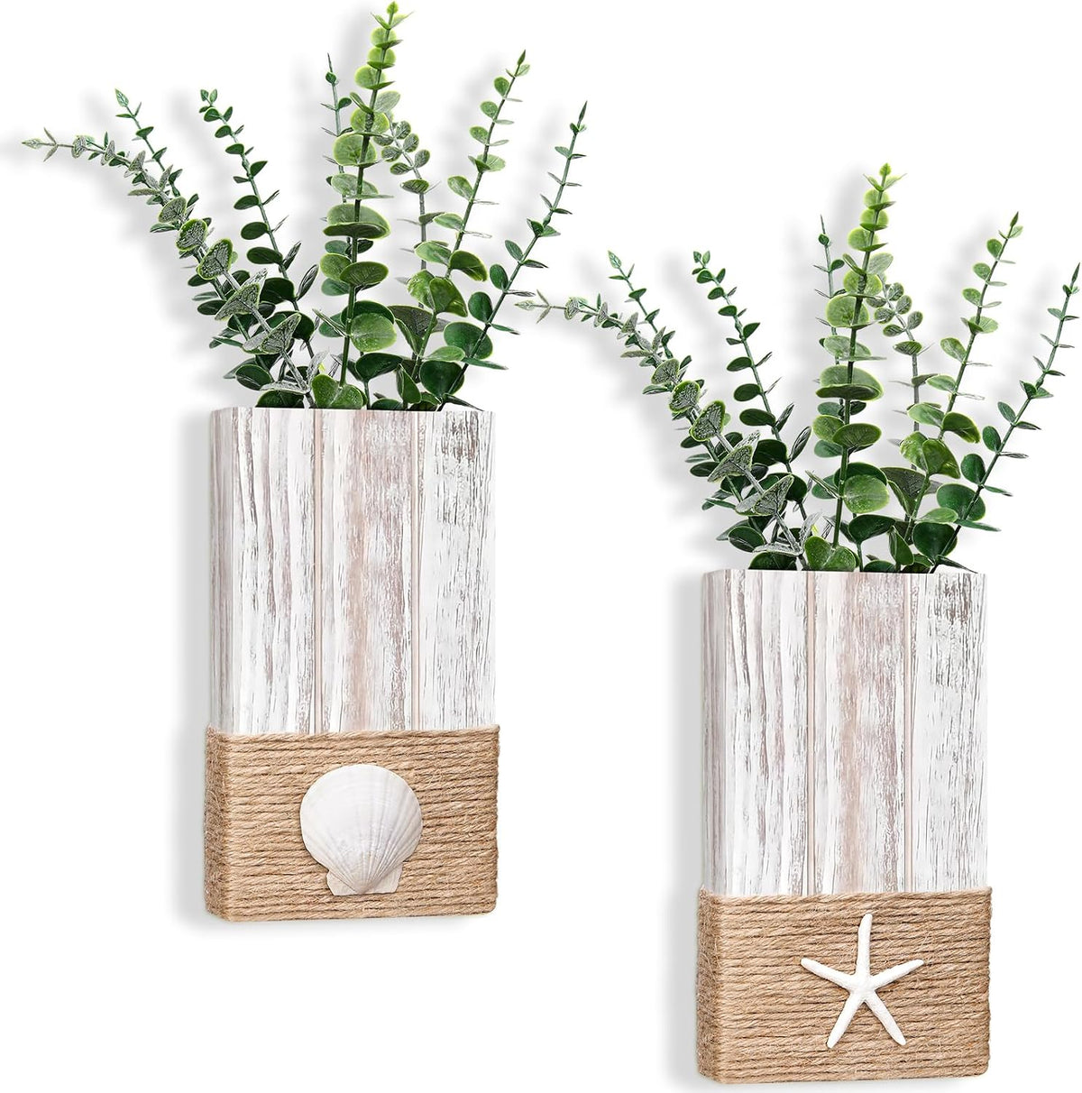 2 Pcs Beach Rustic Wood Wall Planter Vase, Coastal Decor, Seashell, Blue