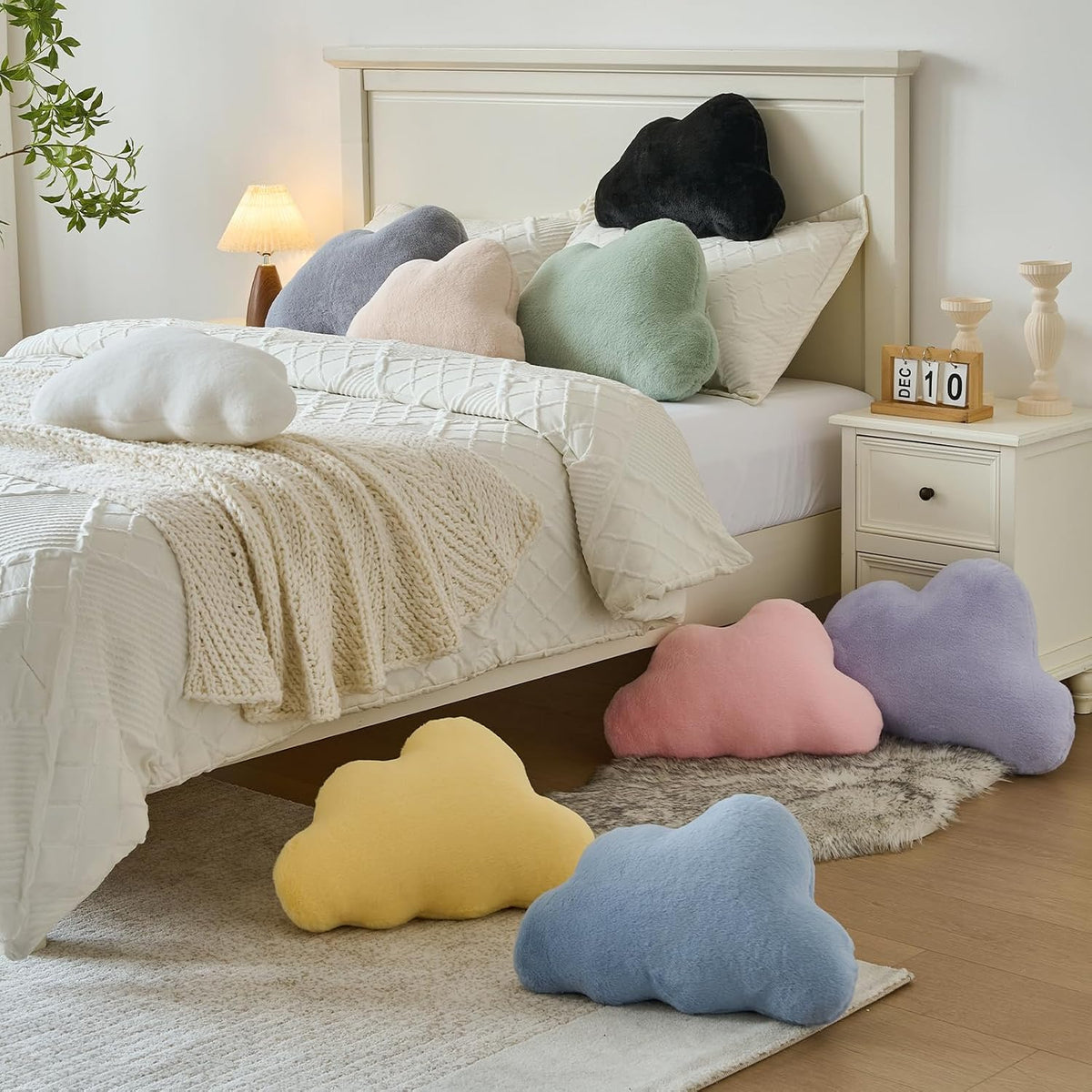 Cloud Pillows, Decorative Throw Pillow with Soft Plush for Couch Bed, Cloud Shaped Pillow Room Decor with Fluffy Faux Rabbit Fur for Living Room Bedroom (White, 11.8x18.5 Inches)