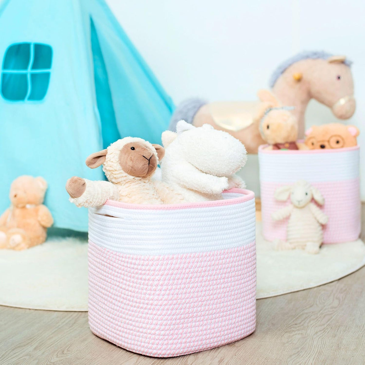 3-Pack 11x11 Inch Cube Storage Bin, Woven Storage Cube Organizer, Closet Organizer, Cute Square Storage Bins, Decorative Classroom Bathroom Pantry and Shelf Baskets, Light Pink